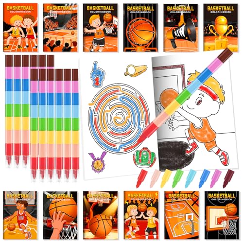 BenLouis 24 Basketball Mini Coloring Books Kids with 24 Stacking Crayons Basketball Party Favors Activity Books Bulk for Kids Sports Goodie Bag Gift Stuffer Classroom Reward - style: Basketball