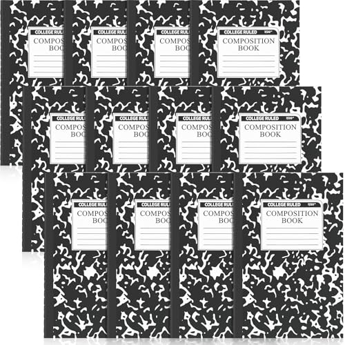 Fainne 12 Pack A5 Composition Notebooks Bulk College Ruled Composition Notebook College Ruled Notebooks Marble Covers Notebook for Student Classroom Office Supplies 8.2 x 5.5(Black) - color: Black