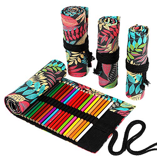 Funny live 24/36/48/72 Slots Colored Pencil Wrap Roll up Pen Holder Case Drawing Coloring Pencil Roll Organizer Stationery Case for Student Artist Traveler (Fallen leaves, 24 Slots) - color: Fallen leaves, size: 24 Slots