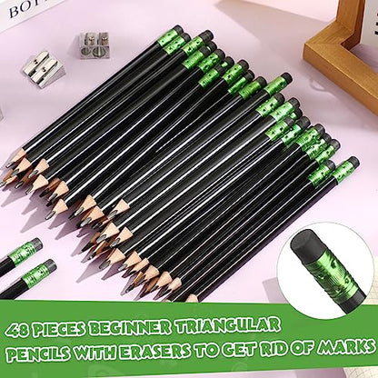 Fainne 48 Pcs Fat Pencils Jumbo Big Thick Large Pencils and 3 Pieces Sharpeners for Kids Beginners Preschoolers Kindergarten School Office Supplies(Black,Triangle) - color: Black, style: Triangle