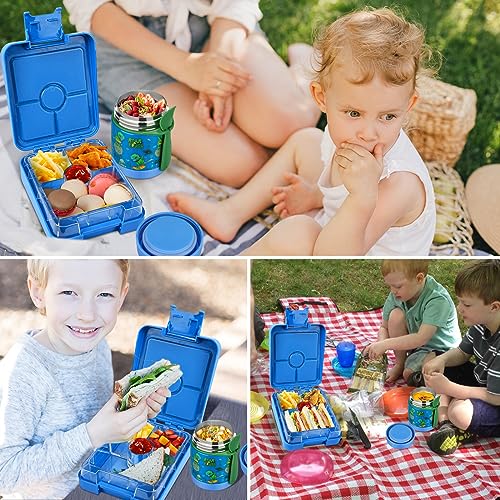 Bento Lunch Box Set for Kids with 10oz Soup Thermo, Leak-Proof Lunch Containers with 4 Compartment, Kids Thermo Hot Food Jar and Insulated Lunch Bag for Kid to School,BPA-Free(Dragon) - color: Blue-Tyrannosaurus Rex