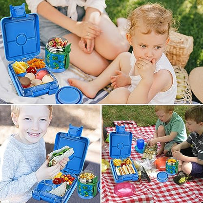Bento Lunch Box Set for Kids with 10oz Soup Thermo, Leak-Proof Lunch Containers with 4 Compartment, Kids Thermo Hot Food Jar and Insulated Lunch Bag for Kid to School,BPA-Free(Dragon) - color: Blue-Tyrannosaurus Rex