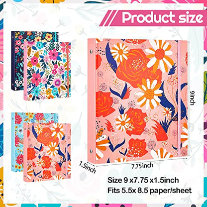 Lewtemi 4 Pack Mini Binders 5.5 x 8.5 Three Ring, 1 Inch Marble Binder, Flower Ocean Decorative Hardcover with Elastic Cord for School, Office Use, Recipe, Photo Album Pages(Flower) - style: Flower