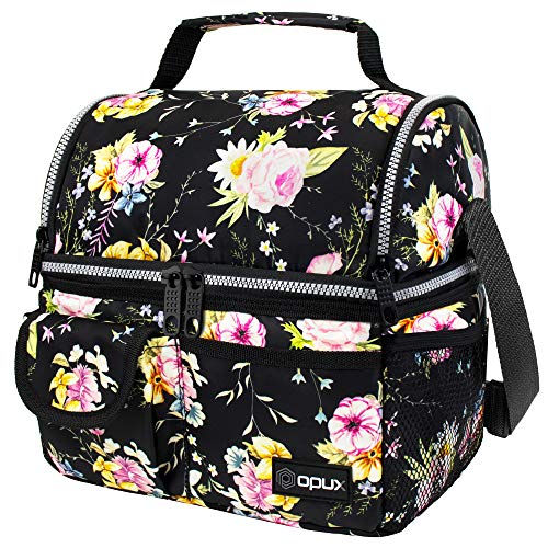opux Insulated Lunch Bag Women Men, Dual Compartment Leakproof Lunch Box Adults Kids, Double Decker Meal Prep Bento Lunch Cooler Tote with Shoulder Strap for Work Office School Travel, Floral Black - color: Floral Black