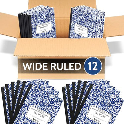 12 Pack - EPI Wide Ruled Marble Composition Notebook - Blue 200 Page Note Book - 9.75 x 7.5 Inch Hardcover Journal with Sewn Binding for Secure Pages - Classroom Back to School Supplies - color: Blue, size: 12