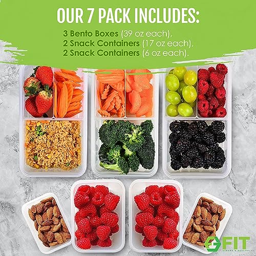 FIT Strong & Healthy Bento Box for Kids and Adults – Reusable Lunch Box Meal Prep Containers, Snack Boxes with Airtight Lid – Dishwasher, Freezer, Microwave Safe (Green, 7 Pack: 3×39oz, 2×17oz, 2×6oz) - size: 7 Pack, Multiple Sizes (39 oz, 17 oz, 6 oz)