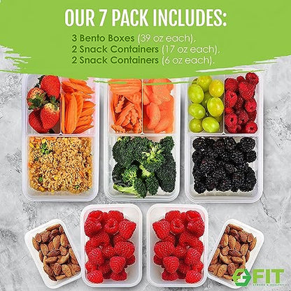 FIT Strong & Healthy Bento Box for Kids and Adults – Reusable Lunch Box Meal Prep Containers, Snack Boxes with Airtight Lid – Dishwasher, Freezer, Microwave Safe (Green, 7 Pack: 3×39oz, 2×17oz, 2×6oz) - size: 7 Pack, Multiple Sizes (39 oz, 17 oz, 6 oz)