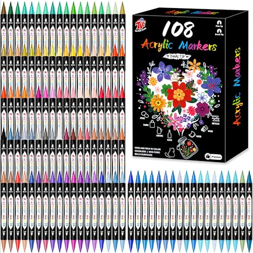 TBC The Best Crafts Acrylic Paint Markers, 108 Colors Dual Tip – Waterproof, Non-Toxic, Fast-Drying Art Pens for Rock Painting, Wood, Glass, Ceramic, Fabric - color: 108 Colors