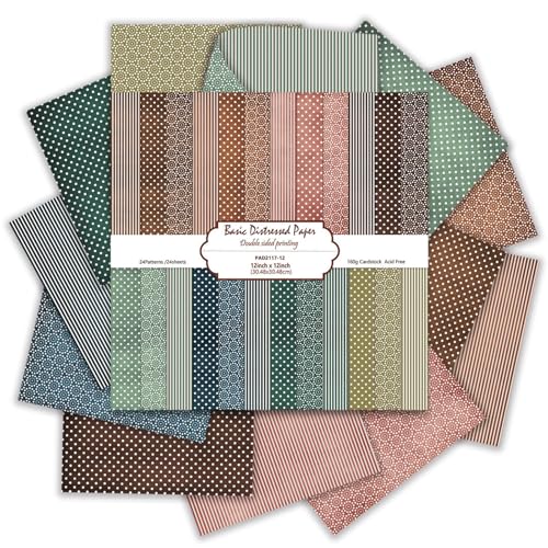 Scrapbook Paper 12x12 160gsm Double-Sided Patterned Decorative Papers for Scrapbooking, Junk Journaling, and Card Making, Ideal Scrapbook Supplies and Paper Craft Supplies 24 Sheets (Basic Distressed) - color: Basic Distressed