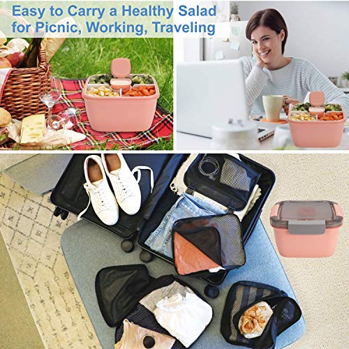 Freshmage Salad Lunch Containers To Go, 2 Pack 52-oz Bowls with 3 Compartments, Dressing Containers for Toppings, Snacks - Pink & Green - color: Pink+Green