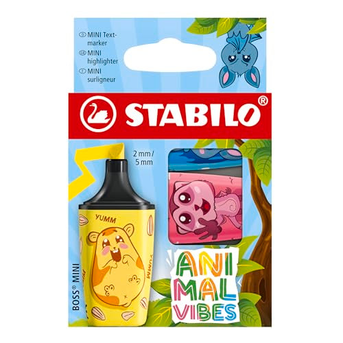 STABILO BOSS MINI Animal Vibes - Highlighter - Pack of 3 - Assorted Colours - style: BOSS MINI (Wallet)