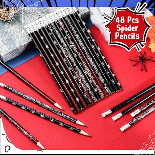 Teling 48 Pcs Spider Pencils Theme Party Favors Fun Spider Web Pencils in Bulk with Eraser Wooden Number 2 Graphite Stationery Kits for Students Back to School Classroom Birthday Supplies - style: Spider Theme
