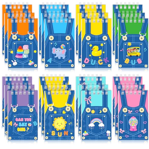 Faccito 24 Pcs Cartoon Girls Mini Notebook English Teacher Party Favors Cute Denim Overalls Small Notepads Pocket Spiral Journal for Birthday Party Supplies Classroom Rewards Gift, 2.4 x 3.9 Inch - style: Teacher