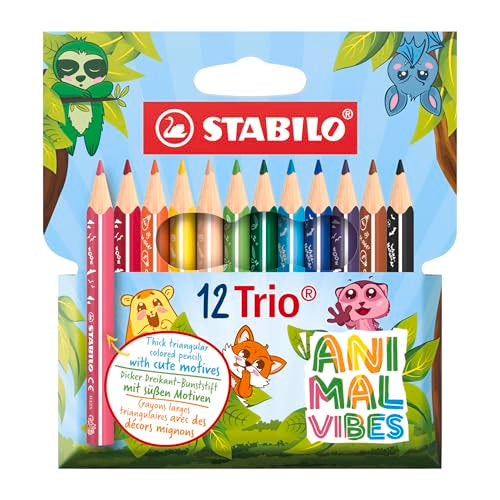 STABILO Trio thick short Animal Vibes - Triangular Colouring Pencil - Pack of 12 - Assorted Colours - style: Trio thick short