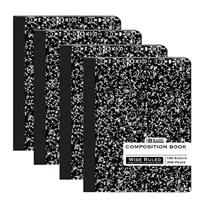 BAZIC PRODUCTS Black Marble Composition Notebook, Wide-Ruled, 4-Pack | 100 wide-ruled sheets (200 pages), sewn binding, 9.75 x 7.5 in - color: Black Marble, size: 4-Pack