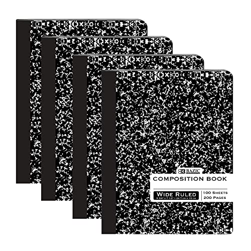 BAZIC PRODUCTS Black Marble Composition Notebook, Wide-Ruled, 4-Pack | 100 wide-ruled sheets (200 pages), sewn binding, 9.75 x 7.5 in - color: Black Marble, size: 4-Pack