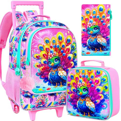 3Pcs Rolling Backpack for Girls, Kids Roller School Backpack with Wheels, Peacock Wheeled Bookbag for Elementary Preschool Kindergarten(Pink) - color: Peacock Pink