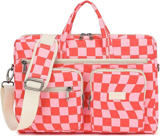 Muti-Pockets Laptop Briefcase Shoulder Bag Case,Rebound Bubble Cushioned Fits 15.6 inch-16 inch Laptop (Checkered) - color: Multicolor Floral, Pink