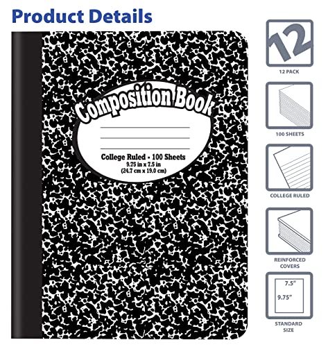 Better Office Products Composition Book Notebook - Hardcover, College Ruled (9/32-inch), 100 Sheet, One Subject, 9.75" x 7.5", Black Cover-12 Pack