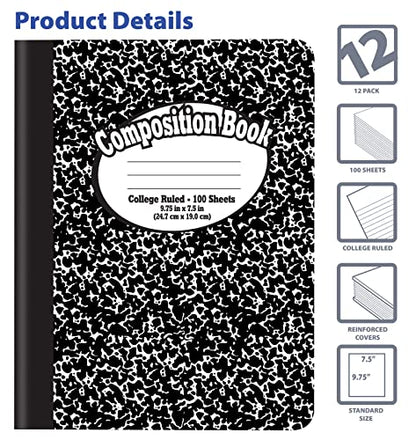Better Office Products Composition Book Notebook - Hardcover, College Ruled (9/32-inch), 100 Sheet, One Subject, 9.75" x 7.5", Black Cover-12 Pack