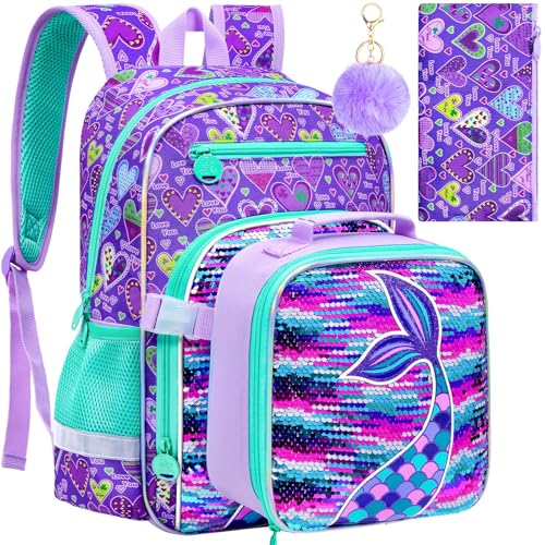 gxtvo 3PCS Girls Backpack, 16" Sequin Prechool Elementary Bookbag and Lunch Box - color: Reversible Sequins Fishtail Clip-on Backpack