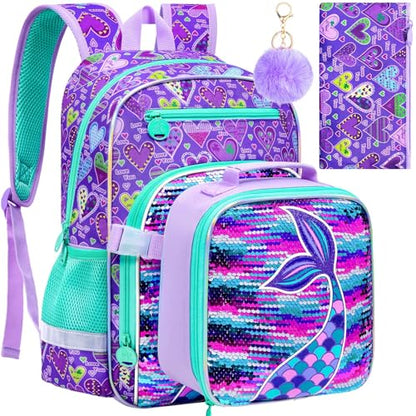 gxtvo 3PCS Girls Backpack, 16" Sequin Prechool Elementary Bookbag and Lunch Box - color: Reversible Sequins Fishtail Clip-on Backpack