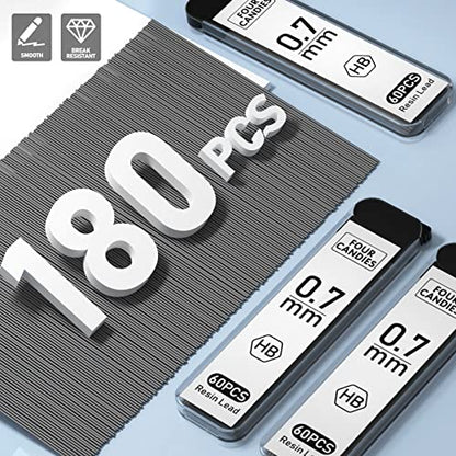Four Candies Cute Mechanical Pencil Set with Case - 3PCS Pencils 0.7mm with 180PCS HB Lead Refills, 3PCS Erasers, 9PCS Eraser Refills, White Clear Mechanical Pencil for Students Drawing, Writing - size: White-0.7MM