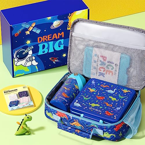 Fimibuke Kids Bento Lunch Box with 4 Compartments, Insulated lunch Bag, Stainless Steel Insulated Water Bottle, Ice Pack & Utensils Set, Birthday Gifts for Ages 3-12 Back to School Toddler Girls Boys - color: A3. Blue Dinosaur