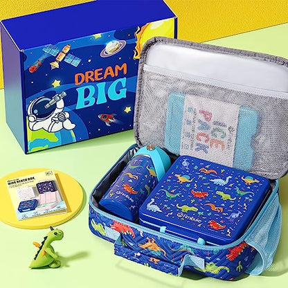 Fimibuke Kids Bento Lunch Box with 4 Compartments, Insulated lunch Bag, Stainless Steel Insulated Water Bottle, Ice Pack & Utensils Set, Birthday Gifts for Ages 3-12 Back to School Toddler Girls Boys - color: A3. Blue Dinosaur