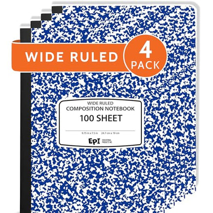 4 Pack - EPI Wide Ruled Marble Composition Notebook - Blue 200 Page Note Book - 9.75 x 7.5 Inch Hardcover Journal with Sewn Binding for Secure Pages - Classroom Back to School Supplies - color: Blue, size: 4