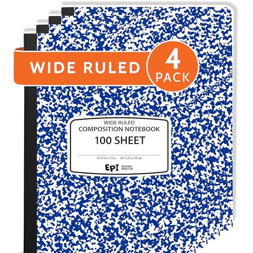 4 Pack - EPI Wide Ruled Marble Composition Notebook - Blue 200 Page Note Book - 9.75 x 7.5 Inch Hardcover Journal with Sewn Binding for Secure Pages - Classroom Back to School Supplies - color: Blue, size: 4