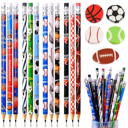 63 pcs Sports Pencils with Sports Ball Erasers, 48 pcs Funny Cute Wooden Pencils HB Drawing Pencil with 15 pcs Erasers for Sport Party School Stationery Reward Teacher Office Supplies