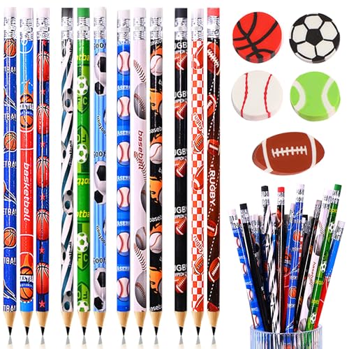 63 pcs Sports Pencils with Sports Ball Erasers, 48 pcs Funny Cute Wooden Pencils HB Drawing Pencil with 15 pcs Erasers for Sport Party School Stationery Reward Teacher Office Supplies