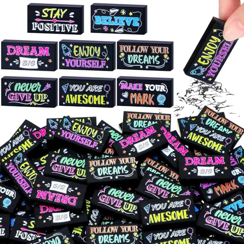 Dunzoom 100 Pcs Back to School Inspirational Pencil Erasers Bulk for Kids Fun Motivational Eraser School Office Supplies for Students Classroom Office Teacher Artists(Colorful Chalkboard) - style: Colorful Chalkboard