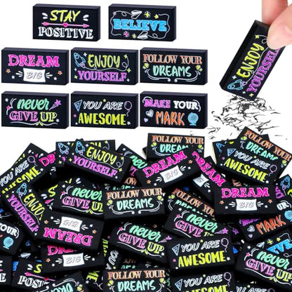 Dunzoom 100 Pcs Back to School Inspirational Pencil Erasers Bulk for Kids Fun Motivational Eraser School Office Supplies for Students Classroom Office Teacher Artists(Colorful Chalkboard) - style: Colorful Chalkboard