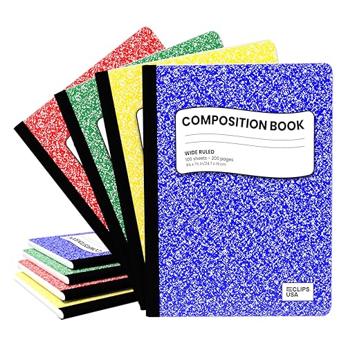 E-CLIPS USA Composition Notebook Wide Ruled Marble Composition Notebooks Bulk Wide Ruled Notebooks for School 9.75" x 7.5" 100 Sheets 200 Pages (4 Pack) - style: 4 Pack