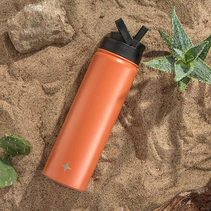 JoyJolt Triple Insulated Water Bottle with Straw Lid AND Flip Lid! 22oz Water Bottle, 12 Hour Hot/Cold Vacuum Insulated Stainless Steel Water Bottle. BPA-Free Leakproof Water Bottles - Thermos Bottle - color: Terracotta, size: 22 Ounces