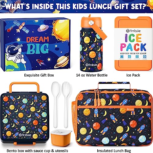 Fimibuke Kids Bento Lunch Box with 4 Compartments, Insulated lunch Bag, Stainless Steel Insulated Water Bottle, Ice Pack & Utensils Set, Birthday Gifts for Ages 3-12 Back to School Toddler Girls Boys - color: A4. Space