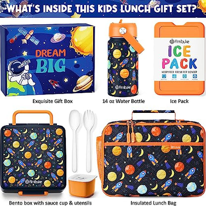 Fimibuke Kids Bento Lunch Box with 4 Compartments, Insulated lunch Bag, Stainless Steel Insulated Water Bottle, Ice Pack & Utensils Set, Birthday Gifts for Ages 3-12 Back to School Toddler Girls Boys - color: A4. Space