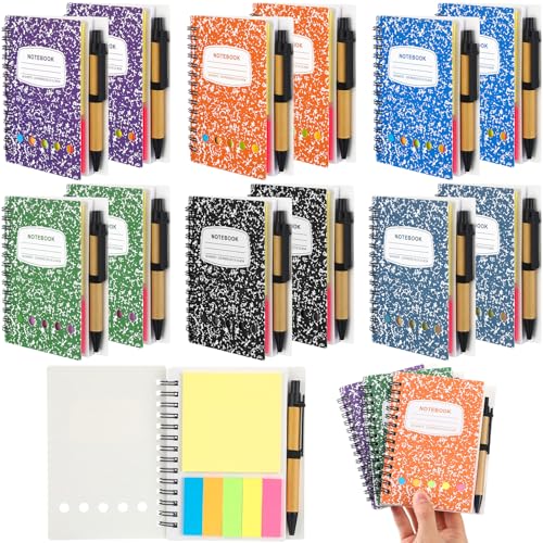 Dunzoom 12 Sets Back to School Spiral Notebook Bulk, Steno Pads with Pen, Sticky Notes Colored Index Tabs, 5.2" x 4.1" Pocket Notebook for Business Office School Supplies, 60 Sheets (Multicolor) - color: Multicolor