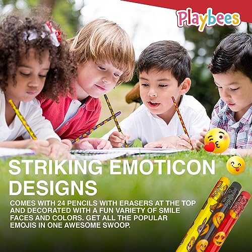 Playbees Emoticon No 2 Pencils for Kids - 36 Pack Bulk Kids Pencils #2 with Erasers - Assorted Smiley Birthday Party Favors, Classroom Prizes, Goody Bag Stuffers, Teacher's Educational Supplies - style: 36 Pack