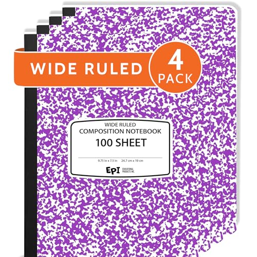 4 Pack - EPI Wide Ruled Marble Composition Notebook - Purple 200 Page Note Book - 9.75 x 7.5 Inch Hardcover Journal with Sewn Binding for Secure Pages - Classroom Back to School Supplies - color: Purple, size: 4