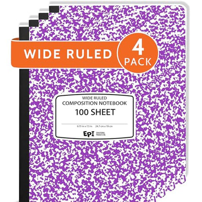 4 Pack - EPI Wide Ruled Marble Composition Notebook - Purple 200 Page Note Book - 9.75 x 7.5 Inch Hardcover Journal with Sewn Binding for Secure Pages - Classroom Back to School Supplies - color: Purple, size: 4