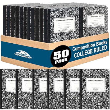 Trail maker (50 Pack) Bulk Composition Notebooks, College Ruled Marble Cover, 200 Pages (100 Sheets), 9.75 x 7.5, Bulk School Supplies for Classroom, Office & School Donations - size: 50 Pack