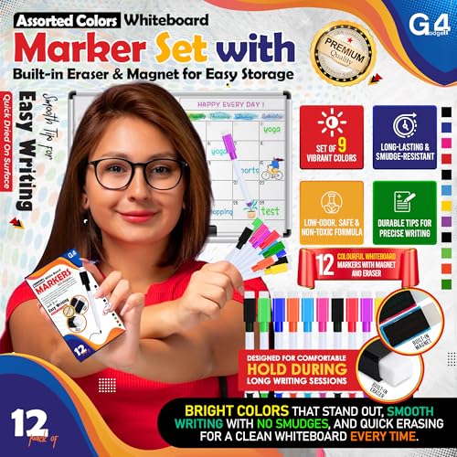 G4GADGET 12pcs Colourful Whiteboard Markers with Magnet & Eraser | Dry Wipe White Board Pens | Fine Tip, Low Odor, Non-Toxic Erasable Markers for Kids, Office, Classroom & Home Use
