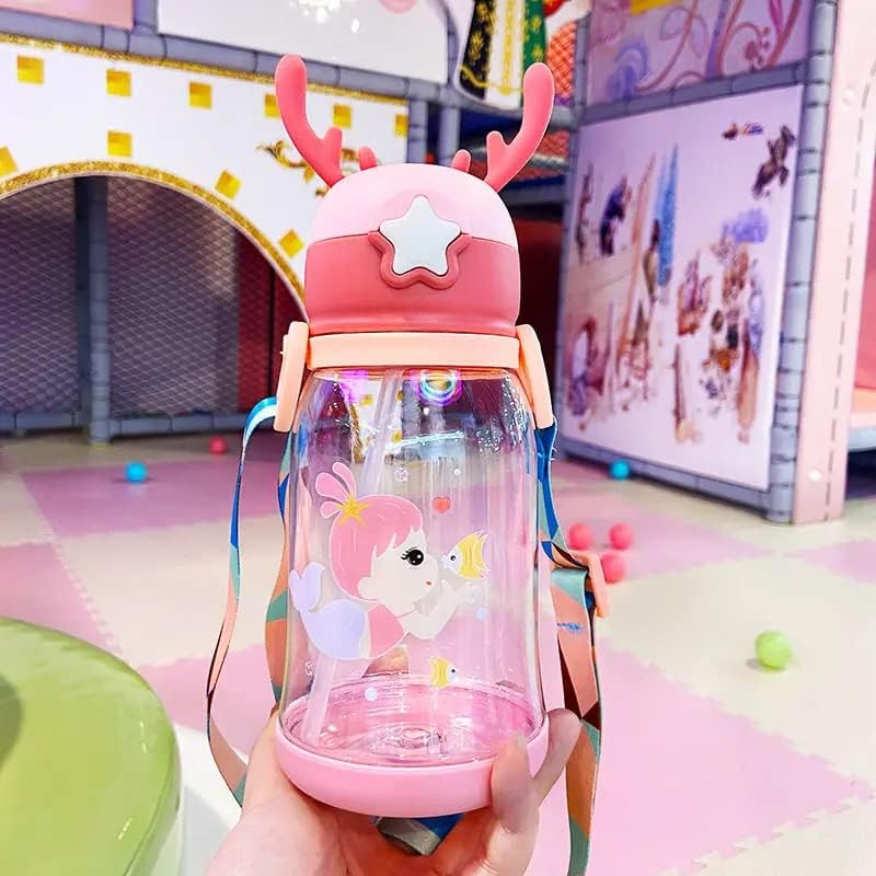 F1rst Impex Water Bottle with Straw and Shoulder Strap for Students and Children (Pink, Pack of 2) - color: Pink