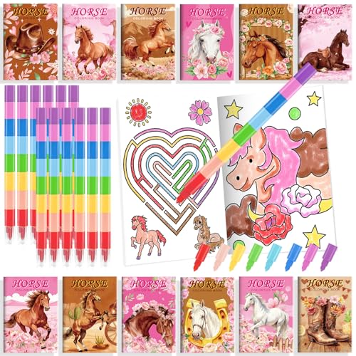 BenLouis 24 Horse Floral Mini Coloring Books Kids with 24 Stacking Crayons Cowgirl Party Party Favors Activity Books Bulk for Kids Girls Horse Racing Flower Goodie Bag Gift Stuffer Classroom Reward - style: Horse Floral