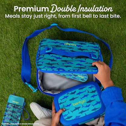 Bentgo Kids Lunch Bag - Durable, Double-Insulated Lunch Bag for Kids 3+; Holds Lunch Box, Water Bottle, & Snacks; Easy-Clean Water-Resistant Fabric & Multiple Zippered Pockets (Shark) - color: Sharks