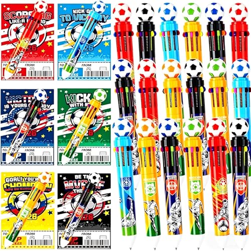 24 Set Soccer Party Favors Bulk Soccer Pens for Kids 10-in-1 Multicolor Pens with Cards Bags for Birthday Classroom Prizes Goodie Bags Stuffers Supplies - style: Soccer