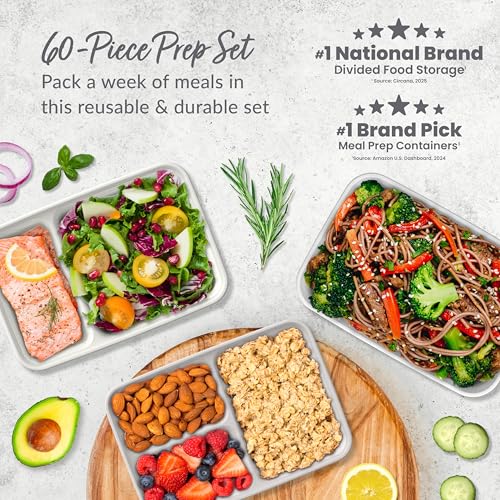 Bentgo Prep 60-Piece Meal Prep Kit - Reusable PFAS & BPA-Free Food Containers, 1-Compartment, 2-Compartment, & 3-Compartments - Microwave, Freezer, & Dishwasher Safe (White Stone) - color: White Stone